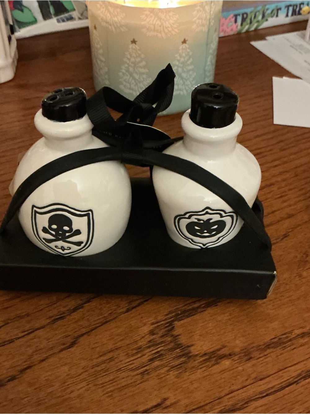 Rae dunn White and Black Ceramic Halloween Salt and Pepper Shaker Set